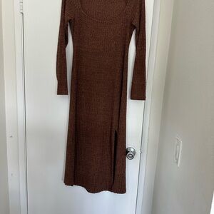 Astr Brown Ribbed Sheath Dress with Slit